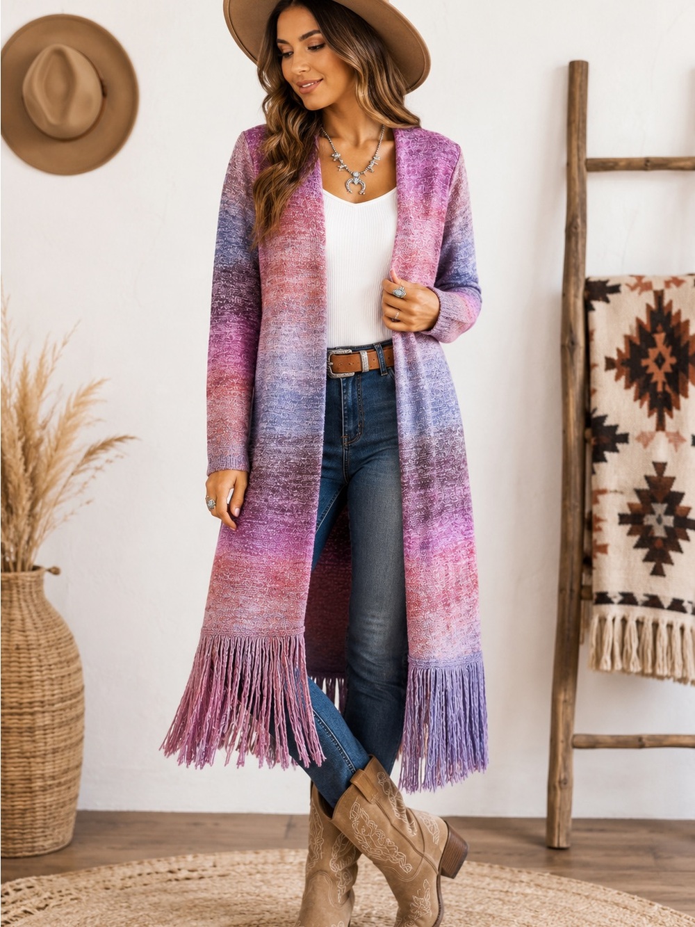 Persona Boho Fringe Duster Cardigan Pink Purple Ombre Open Front Sweater M